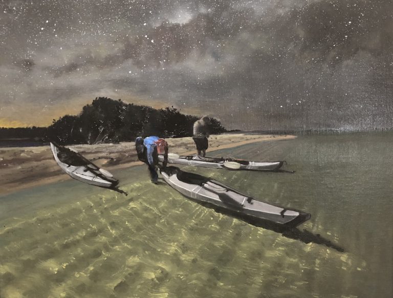 kayaks at night, oil on linen