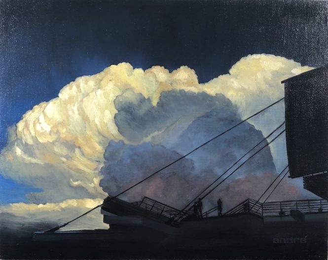 oil painting clouds with ship